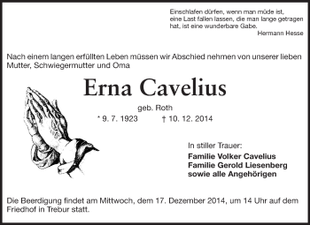 Traueranzeige von Erna Cavelius von Rüsselsheimer Echo, Groß-Gerauer-Echo, Ried Echo