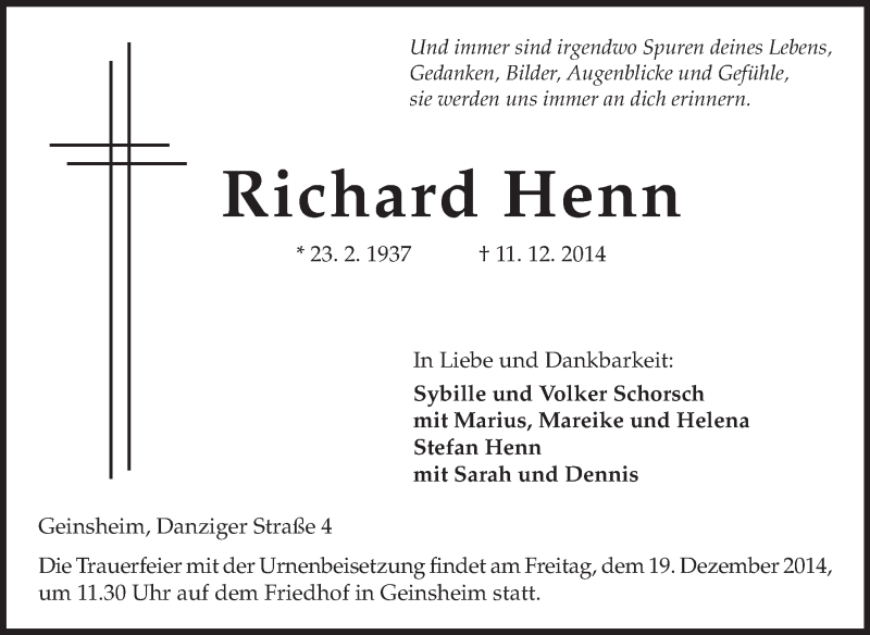  Traueranzeige für Richard Henn vom 16.12.2014 aus Rüsselsheimer Echo, Groß-Gerauer-Echo, Ried Echo