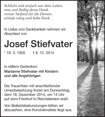 Traueranzeige von Josef Stiefvater von Odenwälder Echo