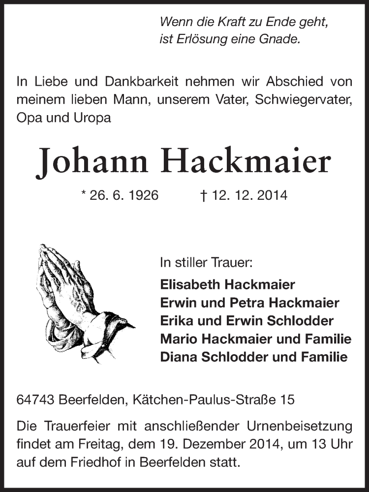  Traueranzeige für Johann Hackmaier vom 17.12.2014 aus Odenwälder Echo