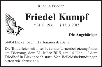 Traueranzeige von Friedel Kumpf von Echo-Zeitungen (Gesamtausgabe)