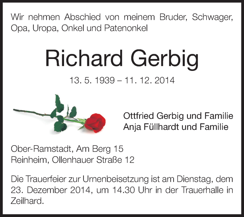  Traueranzeige für Richard Gerbig vom 20.12.2014 aus Darmstädter Echo, Odenwälder Echo, Rüsselsheimer Echo, Groß-Gerauer-Echo, Ried Echo
