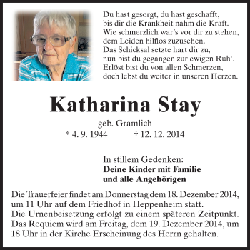 Traueranzeige von Katharina Stay von Starkenburger Echo