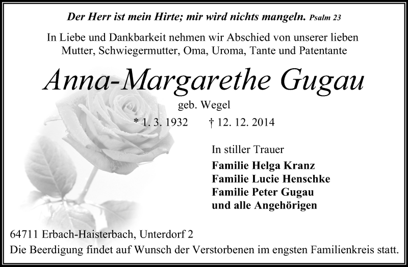  Traueranzeige für Anna-Margarethe Gugau vom 16.12.2014 aus Odenwälder Echo