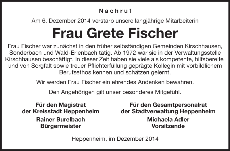  Traueranzeige für Grete Fischer vom 16.12.2014 aus Starkenburger Echo