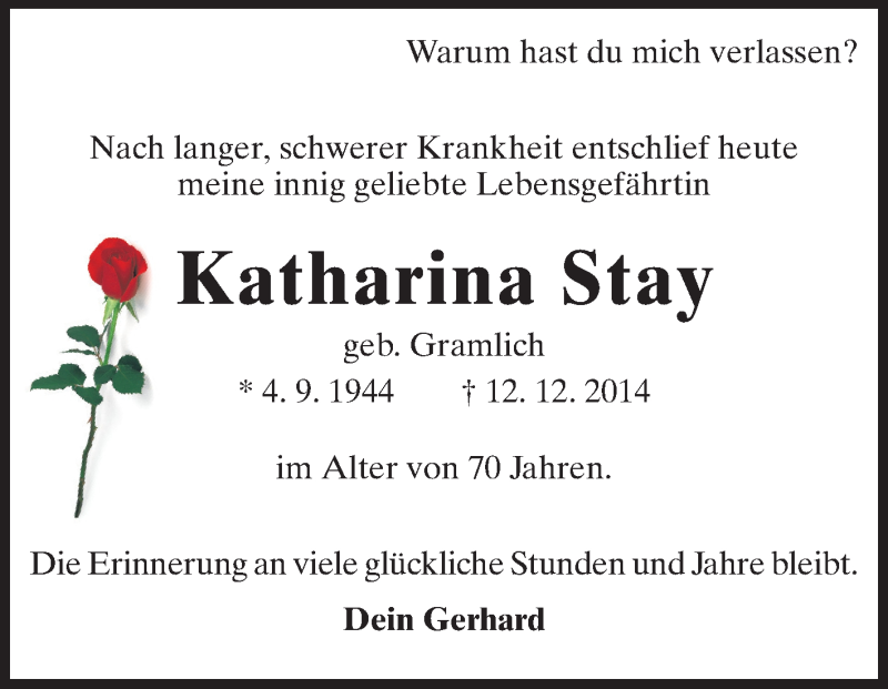  Traueranzeige für Katharina Stay vom 16.12.2014 aus Starkenburger Echo