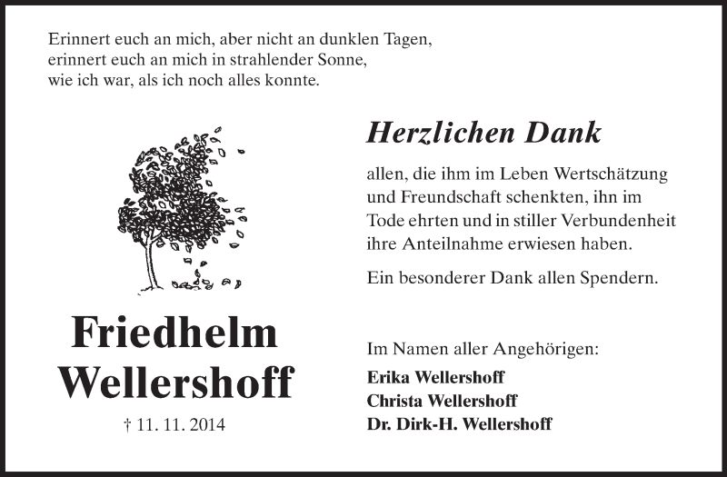  Traueranzeige für Friedhelm Wellershoff vom 16.12.2014 aus Starkenburger Echo