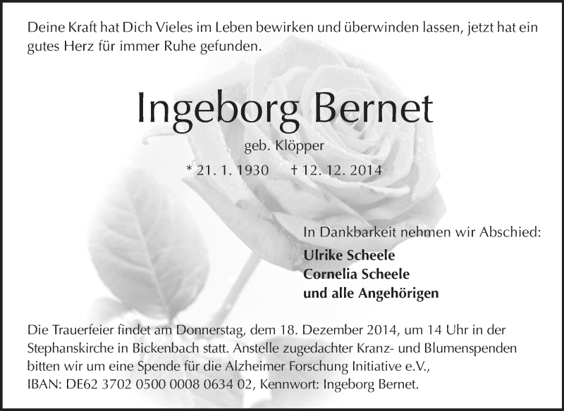  Traueranzeige für Ingeborg Bernet vom 16.12.2014 aus Darmstädter Echo, Odenwälder Echo, Rüsselsheimer Echo, Groß-Gerauer-Echo, Ried Echo