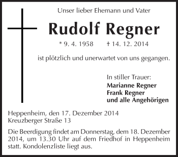 Traueranzeige von Rudolf Regner von Starkenburger Echo, Bergsträßer Anzeiger