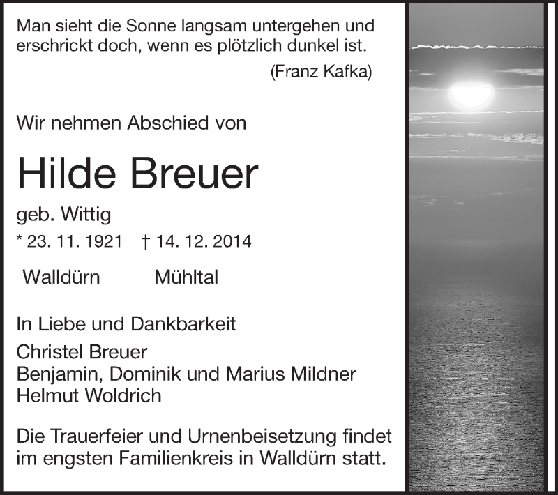  Traueranzeige für Hilde Breuer vom 17.12.2014 aus Darmstädter Echo, Odenwälder Echo, Rüsselsheimer Echo, Groß-Gerauer-Echo, Ried Echo