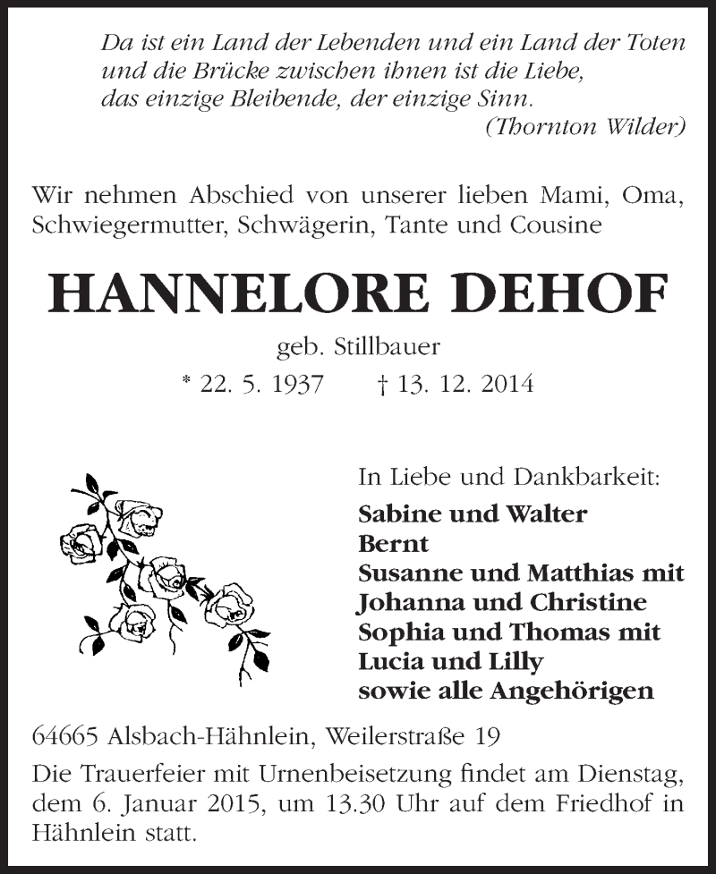  Traueranzeige für Hannelore Dehof vom 17.12.2014 aus Echo-Zeitungen (Gesamtausgabe)