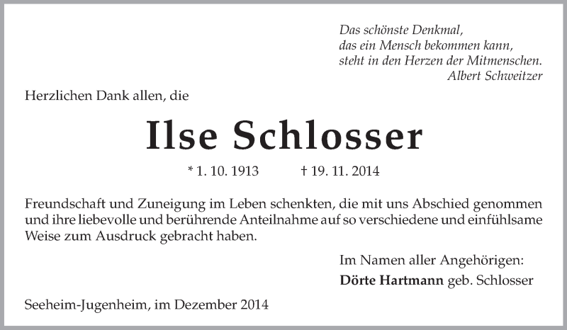  Traueranzeige für Ilse Schlosser vom 20.12.2014 aus Echo-Zeitungen (Gesamtausgabe)