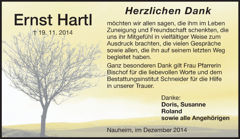  Traueranzeige für Ernst Hartl vom 18.12.2014 aus Rüsselsheimer Echo, Groß-Gerauer-Echo, Ried Echo