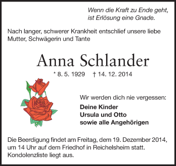 Traueranzeige von Anna Schlander von Odenwälder Echo