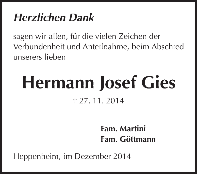  Traueranzeige für Hermann Josef Gies vom 20.12.2014 aus Starkenburger Echo