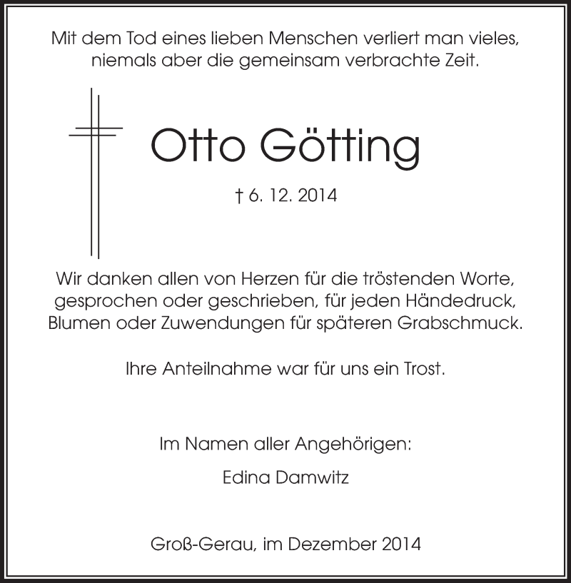  Traueranzeige für Otto Götting vom 20.12.2014 aus Rüsselsheimer Echo, Groß-Gerauer-Echo, Ried Echo
