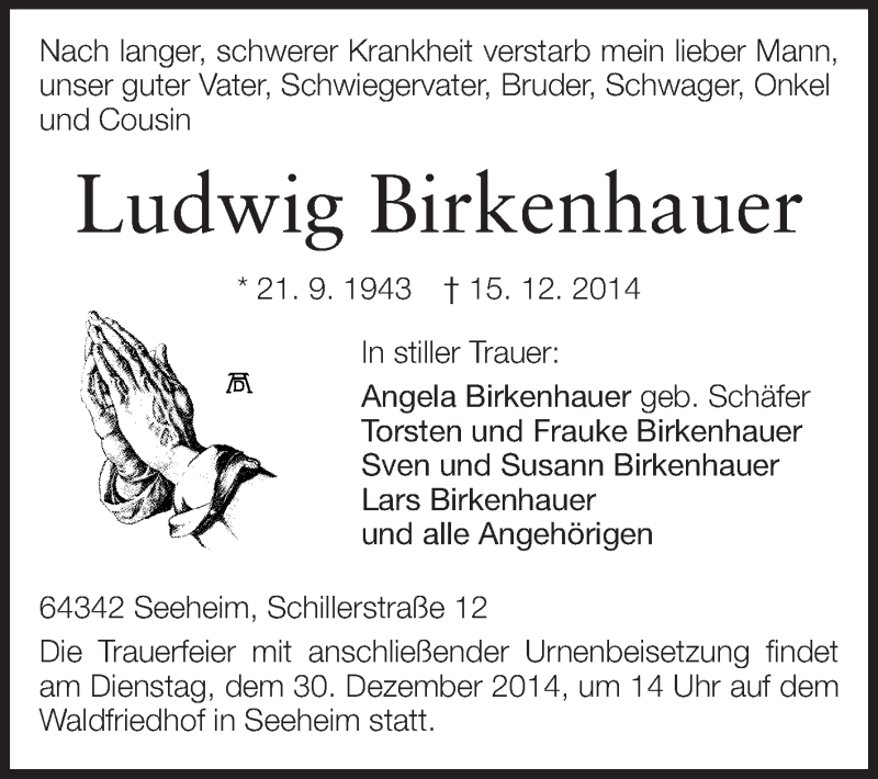  Traueranzeige für Ludwig Birkenhauer vom 20.12.2014 aus Echo-Zeitungen (Gesamtausgabe)