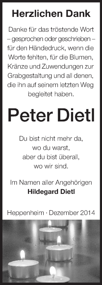 Traueranzeige von Peter Dietl von Starkenburger Echo, Bergsträßer Anzeiger