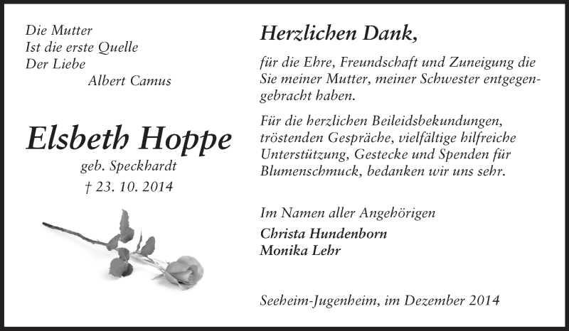  Traueranzeige für Elsbeth Hoppe vom 20.12.2014 aus Echo-Zeitungen (Gesamtausgabe)
