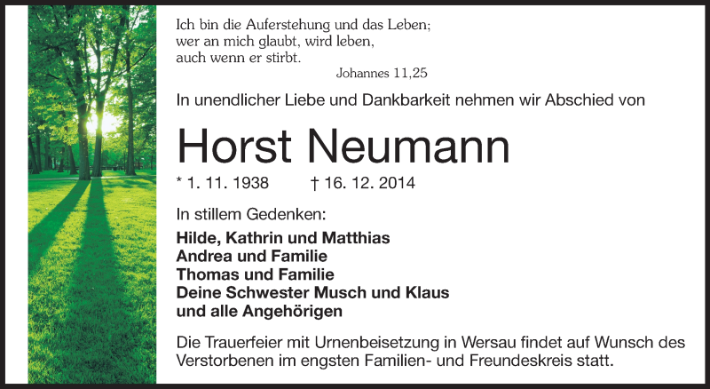  Traueranzeige für Horst Neumann vom 20.12.2014 aus Odenwälder Echo