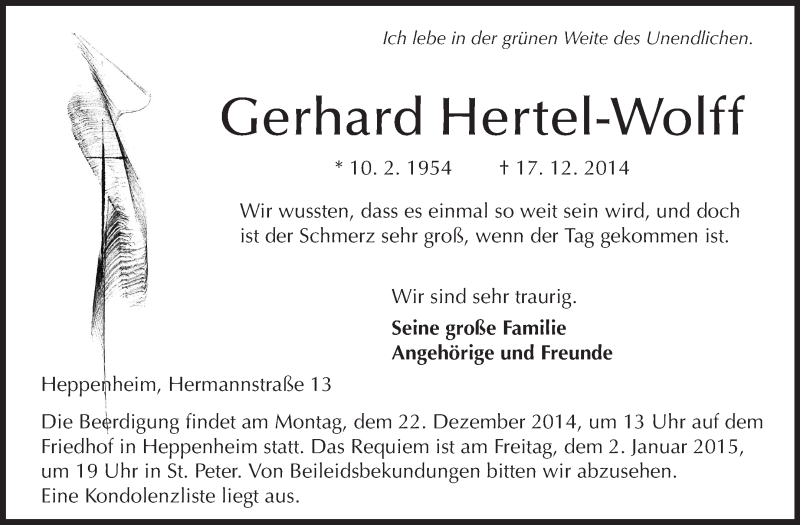  Traueranzeige für Gerhard Hertel-Wolff vom 19.12.2014 aus Starkenburger Echo