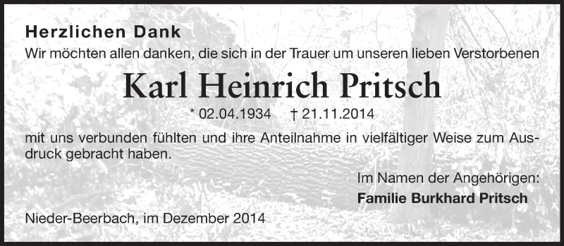  Traueranzeige für Karl Heinrich Pritsch vom 20.12.2014 aus Echo-Zeitungen (Gesamtausgabe)