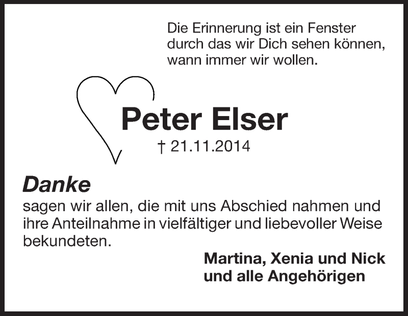  Traueranzeige für Peter Elser vom 20.12.2014 aus Echo-Zeitungen (Gesamtausgabe)