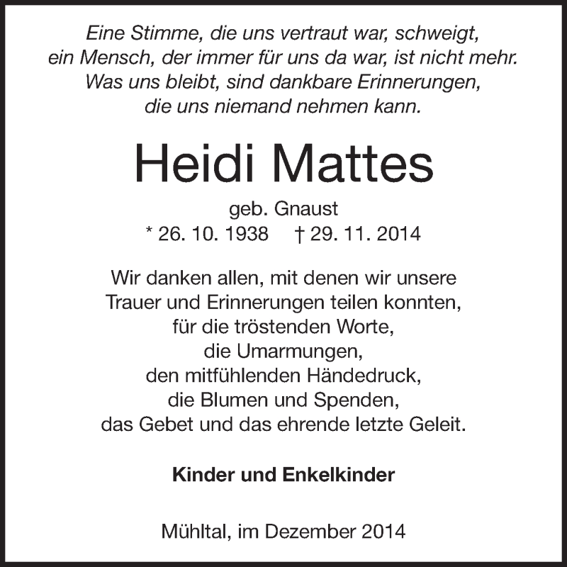  Traueranzeige für Heidi Mattes vom 20.12.2014 aus Echo-Zeitungen (Gesamtausgabe)
