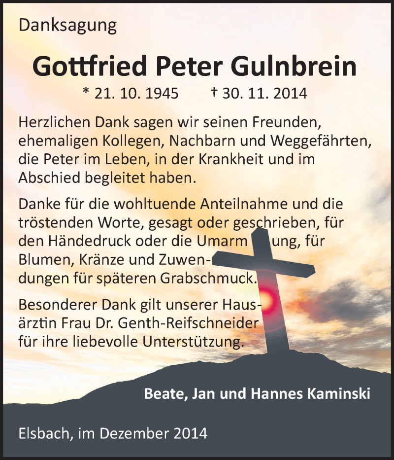  Traueranzeige für Gottfried Peter Gulnbrein vom 20.12.2014 aus Odenwälder Echo