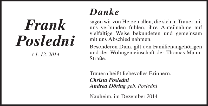  Traueranzeige für Frank Posledni vom 20.12.2014 aus Rüsselsheimer Echo, Groß-Gerauer-Echo, Ried Echo