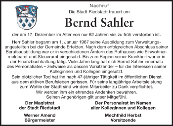 Traueranzeige von Bernd Sahler von Rüsselsheimer Echo, Groß-Gerauer-Echo, Ried Echo