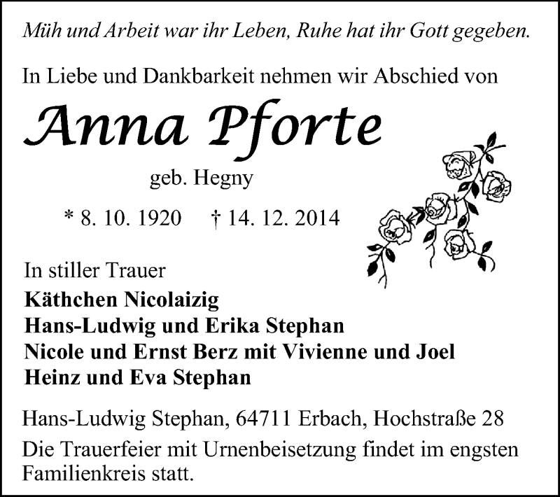  Traueranzeige für Anna Pforte vom 20.12.2014 aus Odenwälder Echo