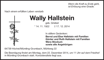 Traueranzeige von Wally Hallstein von Odenwälder Echo