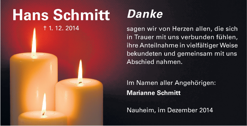 Traueranzeige für Hans Schmitt vom 20.12.2014 aus Rüsselsheimer Echo, Groß-Gerauer-Echo, Ried Echo