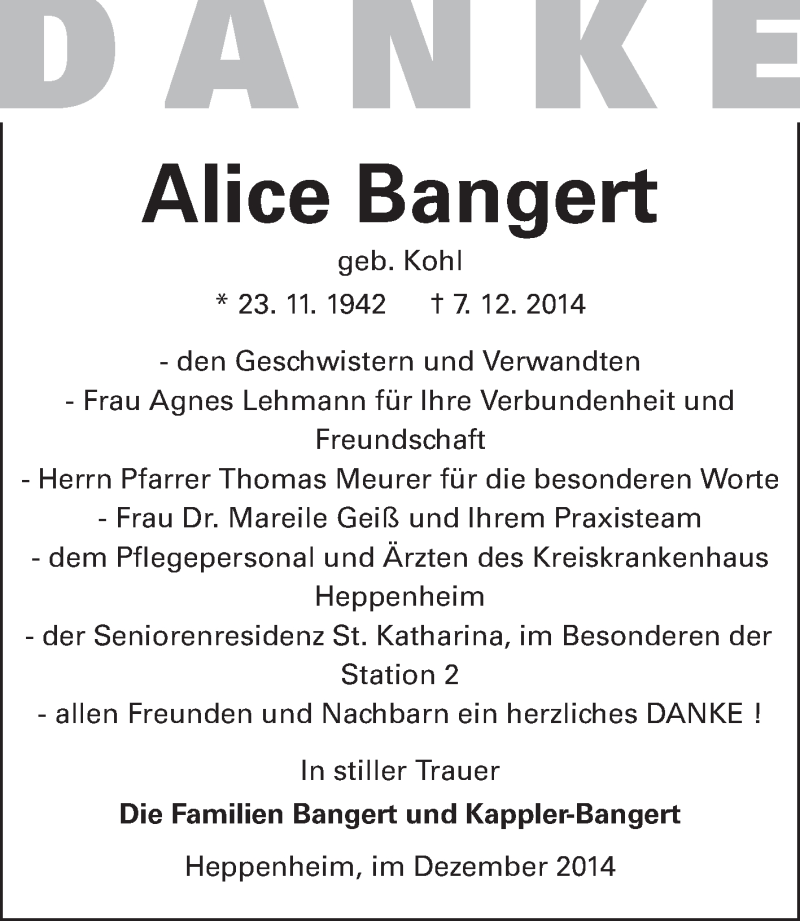 Traueranzeige für Alice Bangert vom 22.12.2014 aus Starkenburger Echo