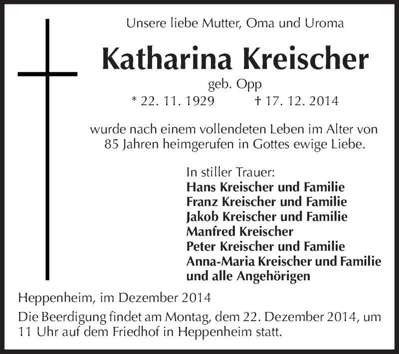  Traueranzeige für Katharina Kreischer vom 20.12.2014 aus Starkenburger Echo