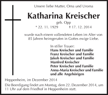 Traueranzeige von Katharina Kreischer von Starkenburger Echo