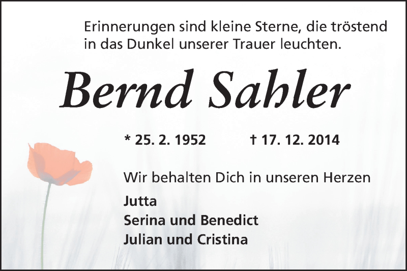  Traueranzeige für Bernd Sahler vom 20.12.2014 aus Rüsselsheimer Echo, Groß-Gerauer-Echo, Ried Echo