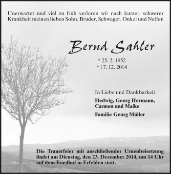 Traueranzeige von Bernd Sahler von Rüsselsheimer Echo, Groß-Gerauer-Echo, Ried Echo