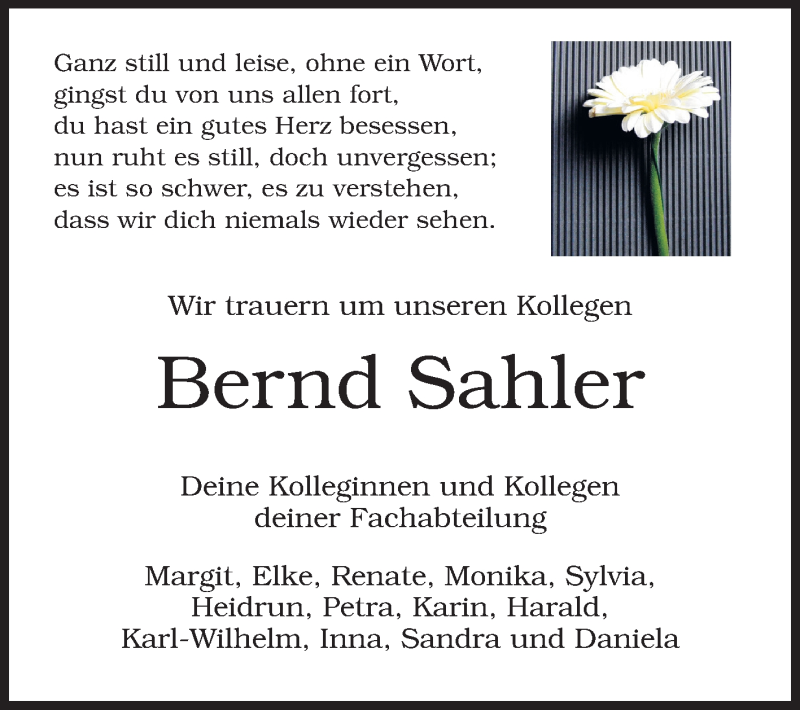  Traueranzeige für Bernd Sahler vom 20.12.2014 aus Rüsselsheimer Echo, Groß-Gerauer-Echo, Ried Echo