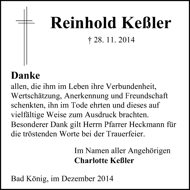  Traueranzeige für Reinhold Keßler vom 22.12.2014 aus Odenwälder Echo