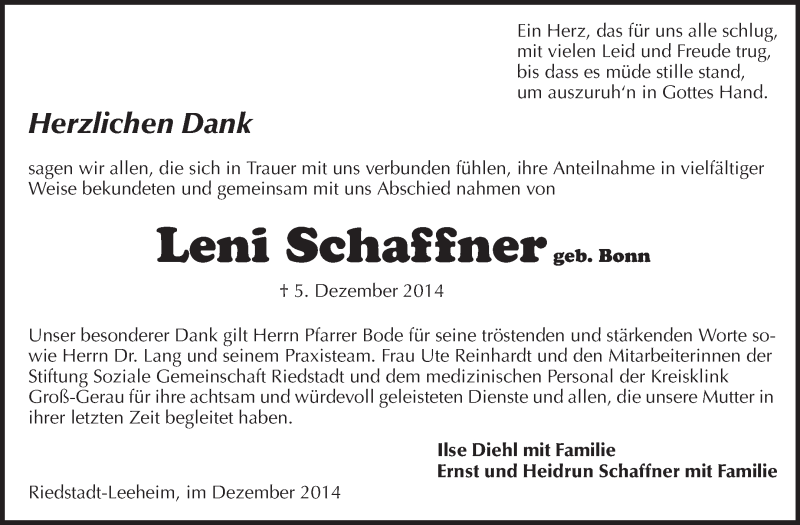  Traueranzeige für Leni Schaffner vom 20.12.2014 aus Rüsselsheimer Echo, Groß-Gerauer-Echo, Ried Echo
