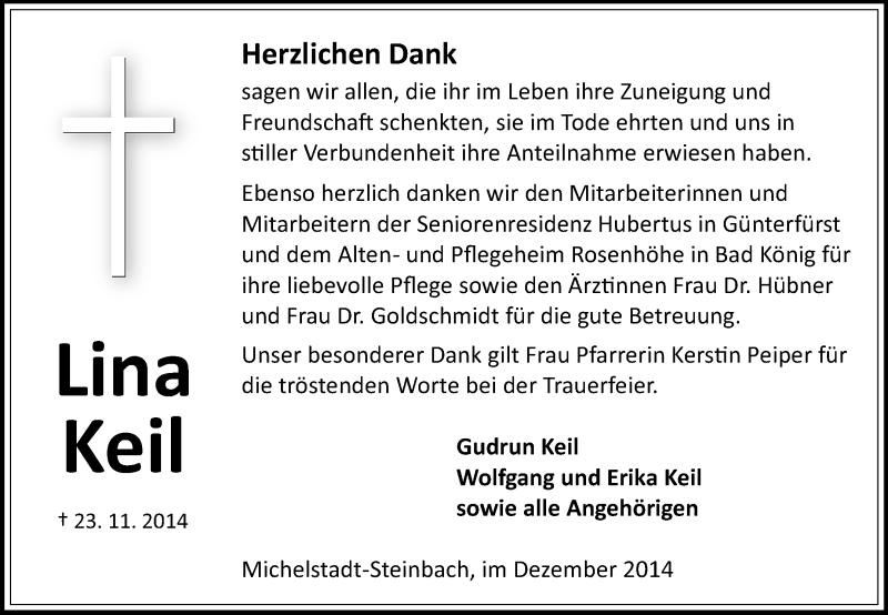  Traueranzeige für Lina Keil vom 20.12.2014 aus Odenwälder Echo