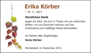 Traueranzeige von Erika Körber von Odenwälder Echo