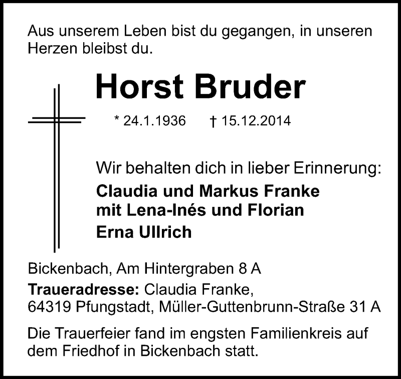  Traueranzeige für Horst Bruder vom 27.12.2014 aus Echo-Zeitungen (Gesamtausgabe)