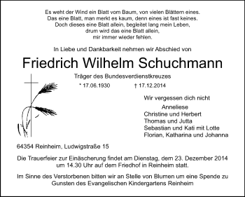 Traueranzeige von Friedrich Wilhelm Schuchmann von Darmstädter Echo, Odenwälder Echo, Rüsselsheimer Echo, Groß-Gerauer-Echo, Ried Echo