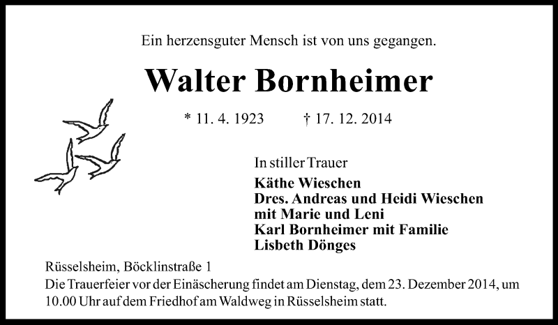  Traueranzeige für Walter Bornheimer vom 20.12.2014 aus Rüsselsheimer Echo, Groß-Gerauer-Echo, Ried Echo
