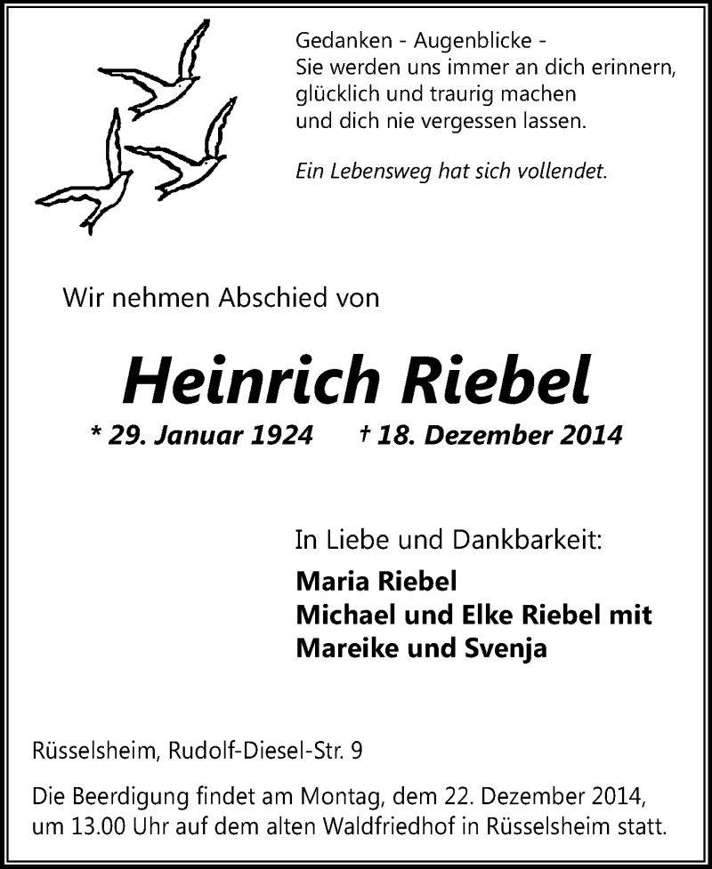  Traueranzeige für Heinrich Riebel vom 20.12.2014 aus Rüsselsheimer Echo, Groß-Gerauer-Echo, Ried Echo