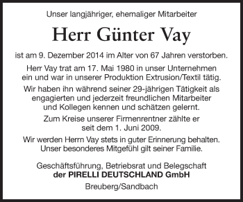 Traueranzeige von Günter Vay von Odenwälder Echo