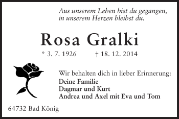 Traueranzeige von Rosa Gralki von Odenwälder Echo